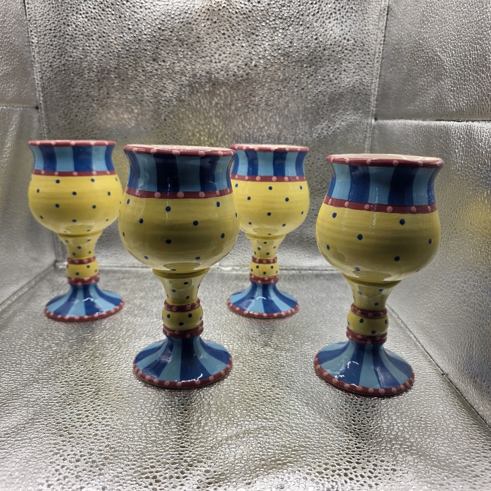 Vintage Hand Thrown Studio Art Pottery Wine Goblets Hand Painted Signed Set of 4